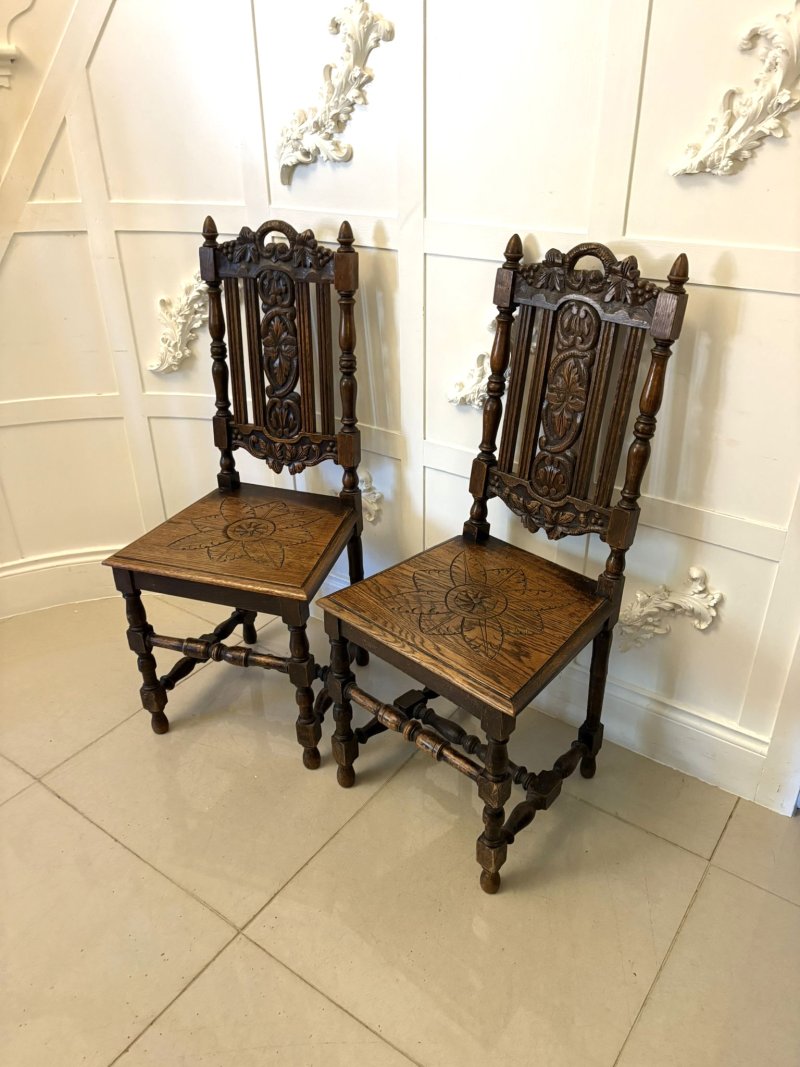 Antique Pair of Quality Carved Oak Side/Hall Chairs
